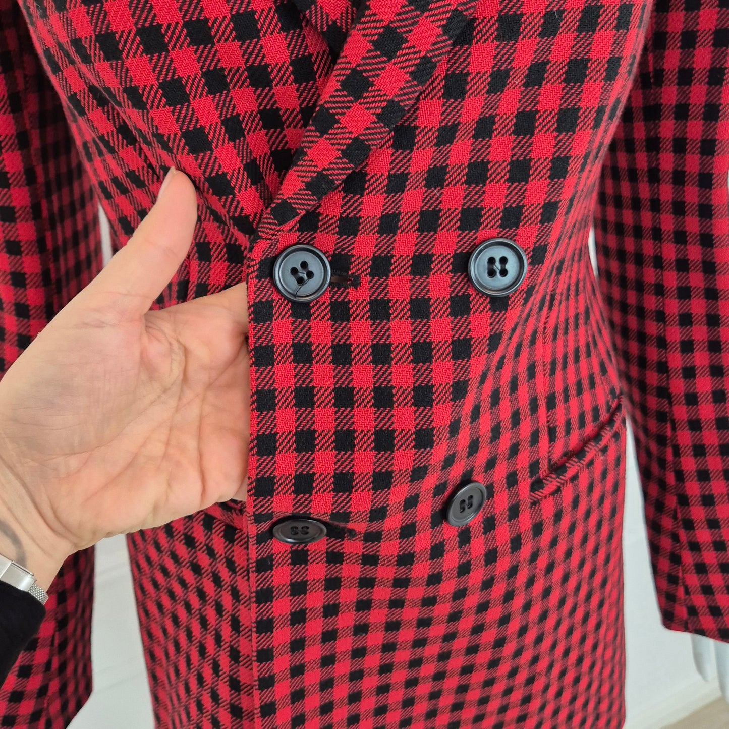 Red Valentino | Giacca doppiopetto pied de poule rosso nero