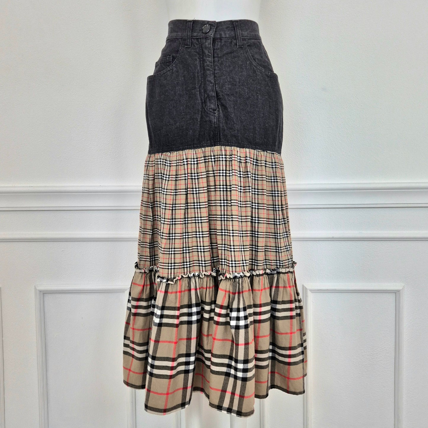 Moschino | Gonna lunga denim con doppia balza tartan
