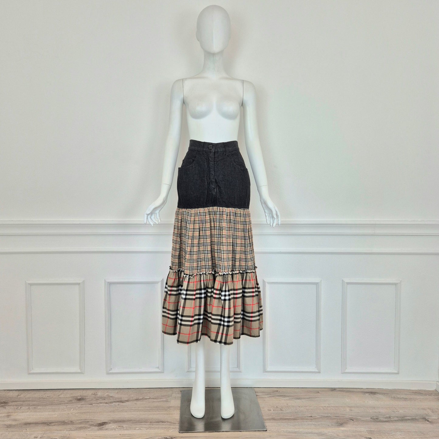 Moschino | Gonna lunga denim con doppia balza tartan