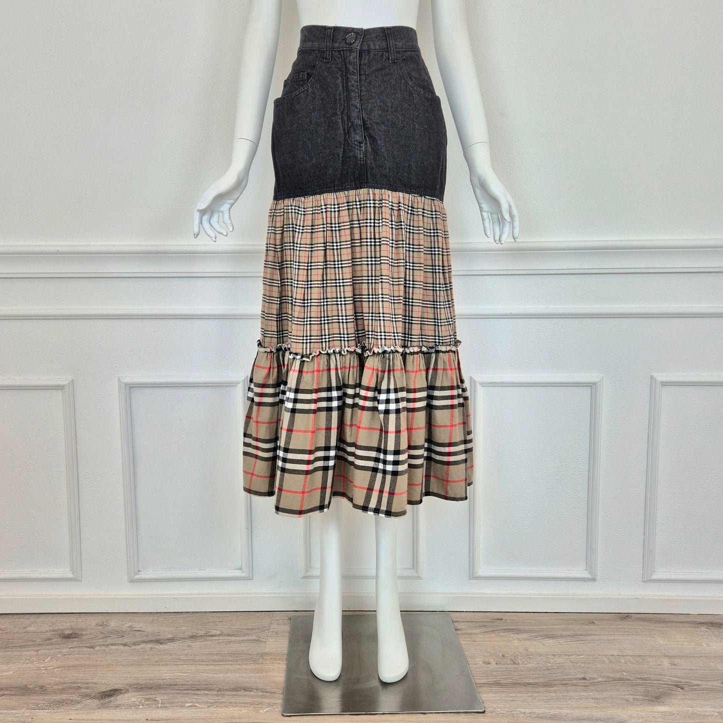 Moschino | Gonna lunga denim con doppia balza tartan