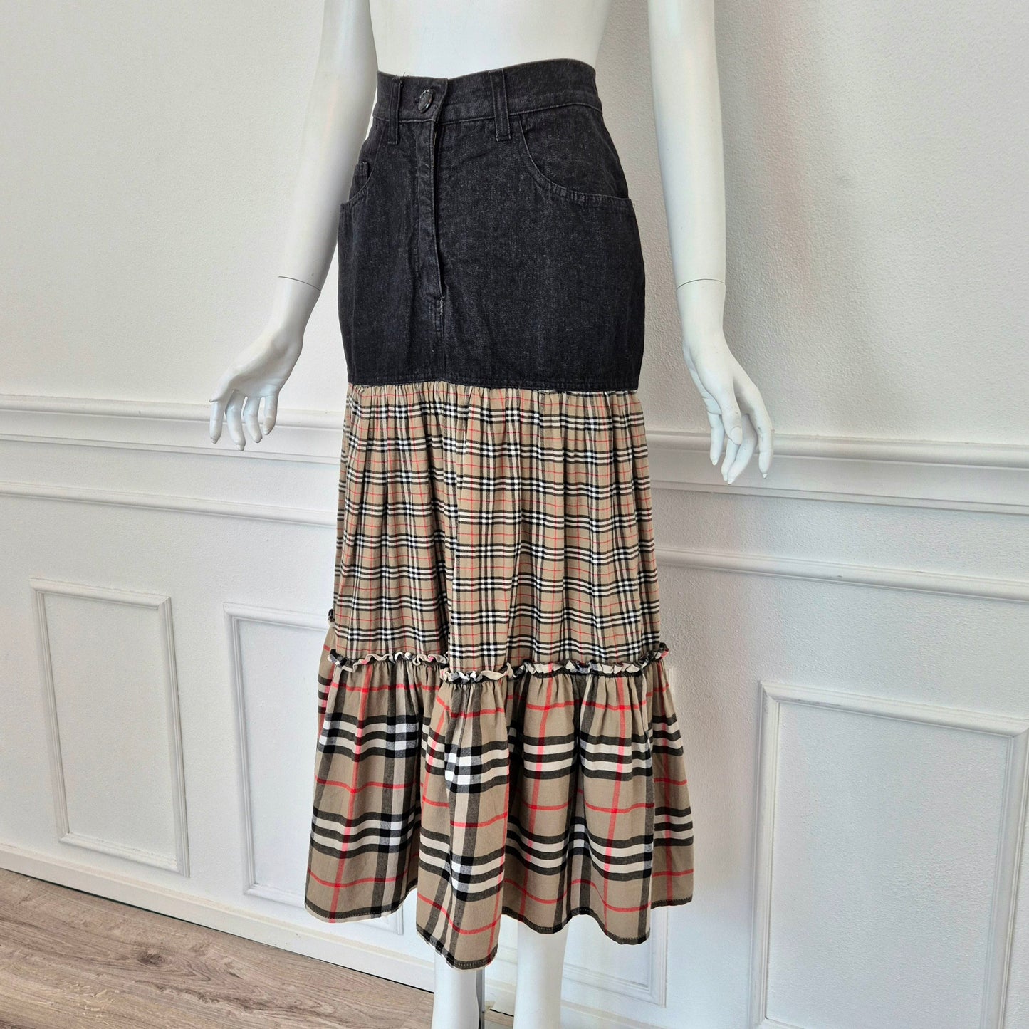 Moschino | Gonna lunga denim con doppia balza tartan
