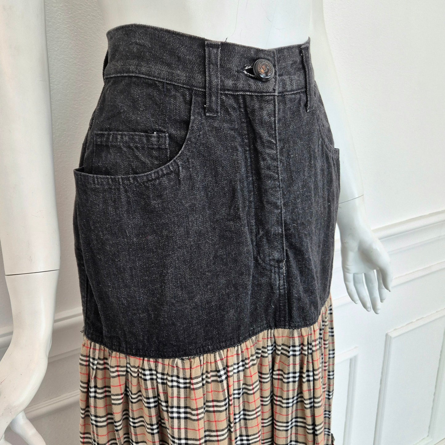 Moschino | Gonna lunga denim con doppia balza tartan
