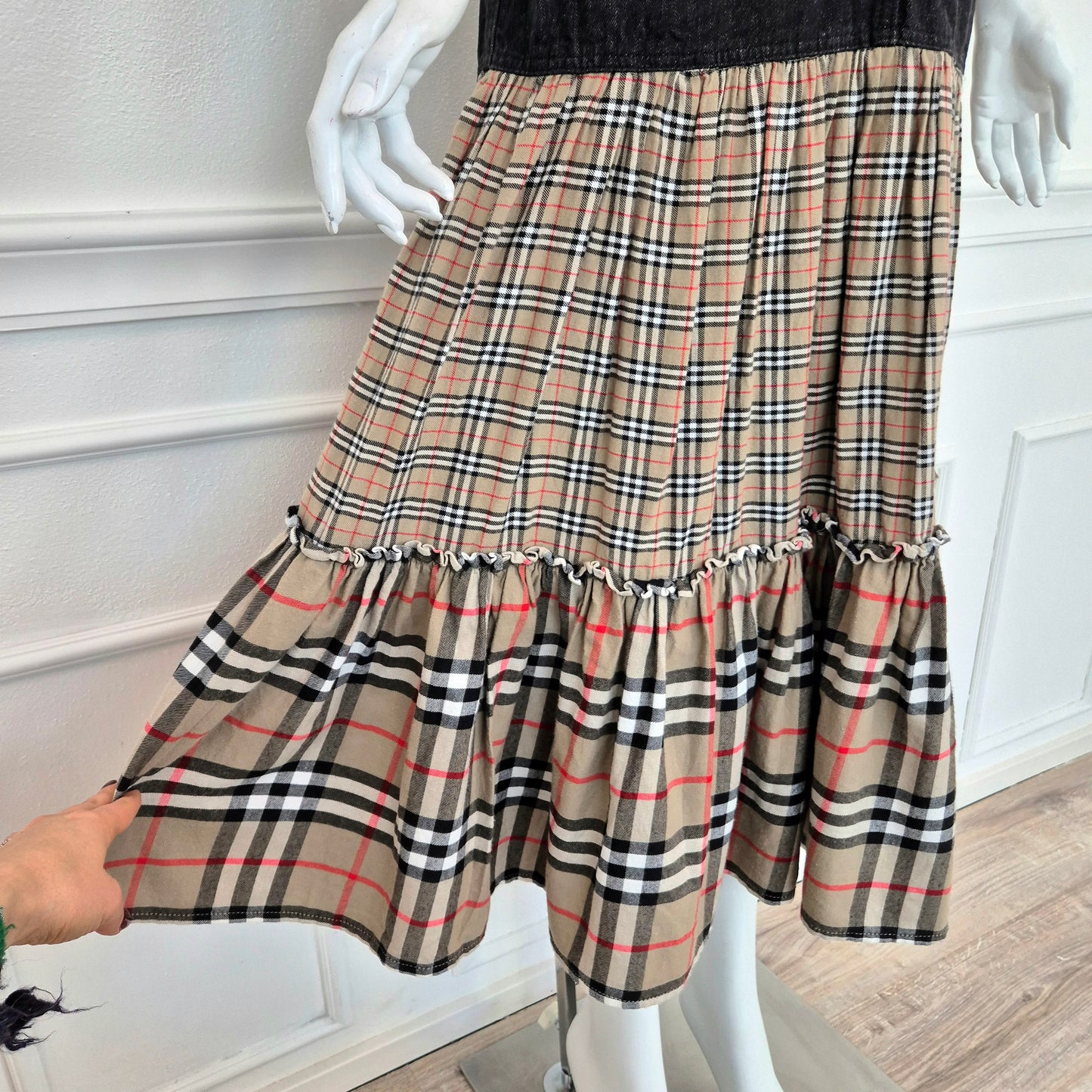 Moschino | Gonna lunga denim con doppia balza tartan