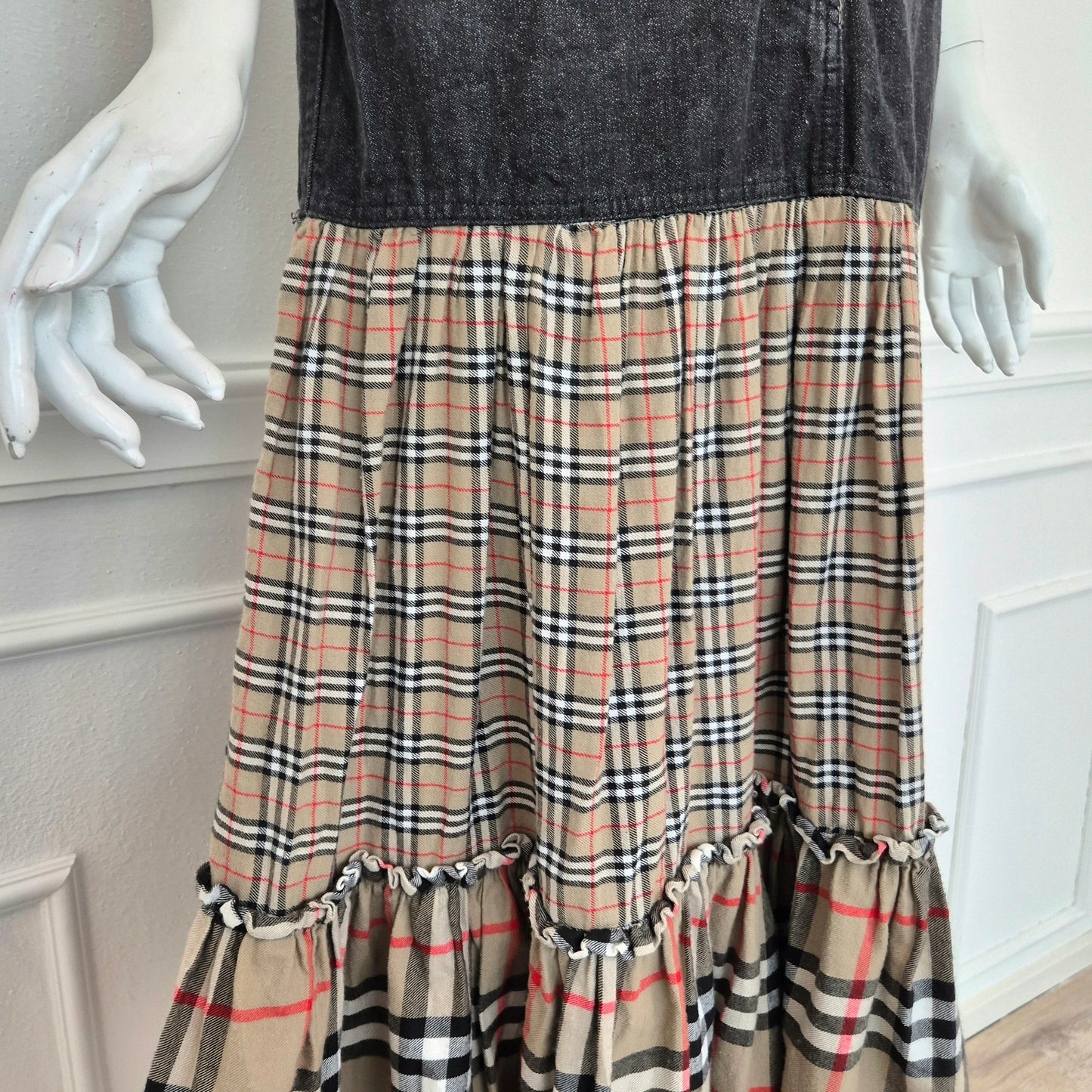 Moschino | Gonna lunga denim con doppia balza tartan