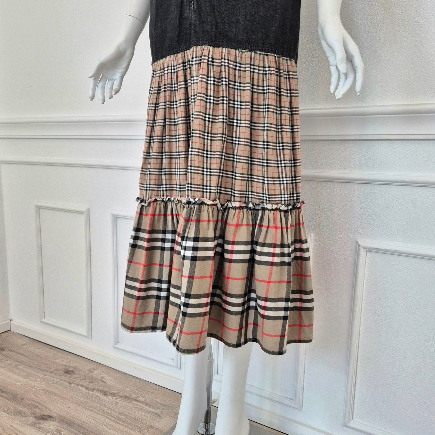 Moschino | Gonna lunga denim con doppia balza tartan