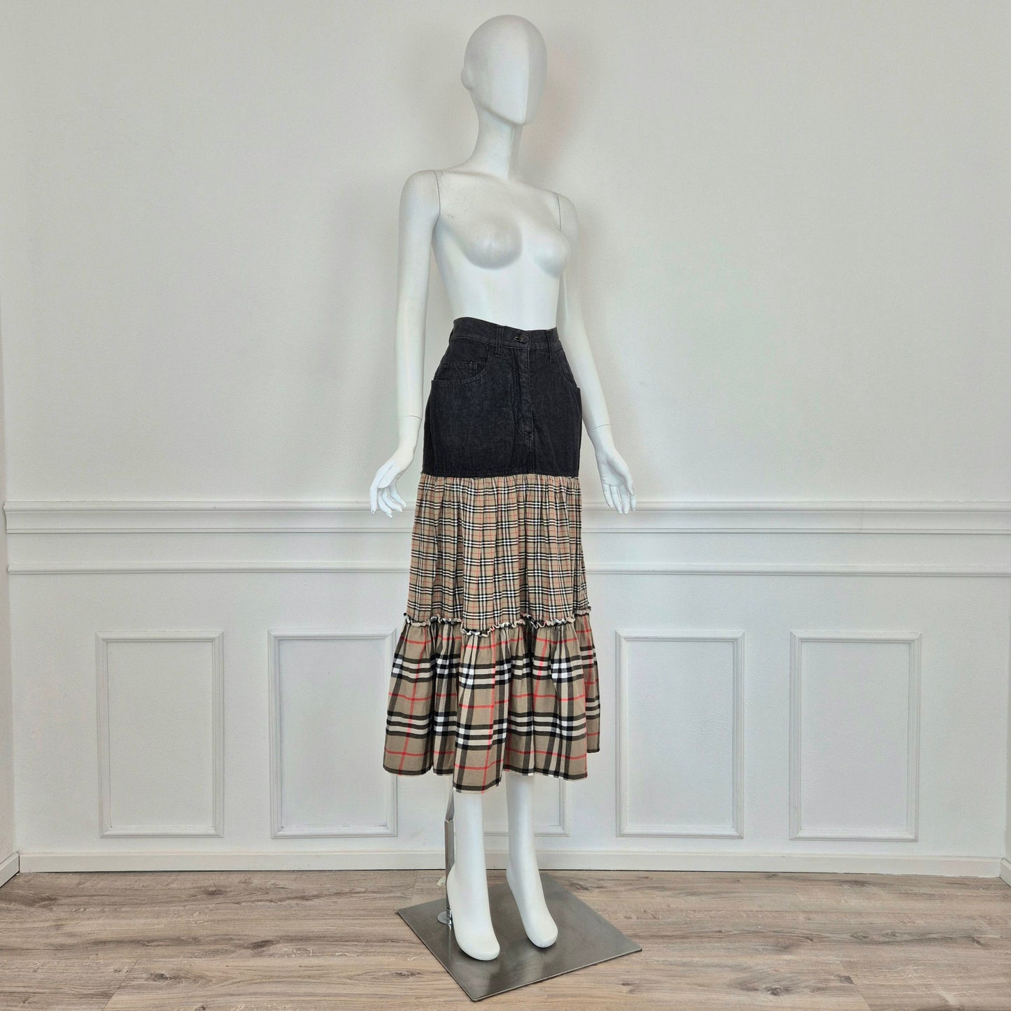 Moschino | Gonna lunga denim con doppia balza tartan