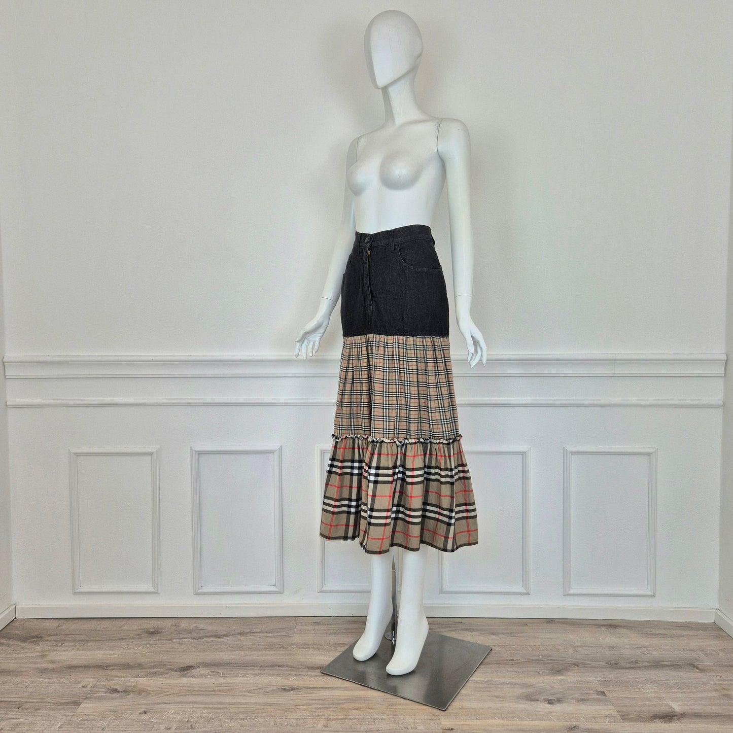 Moschino | Gonna lunga denim con doppia balza tartan