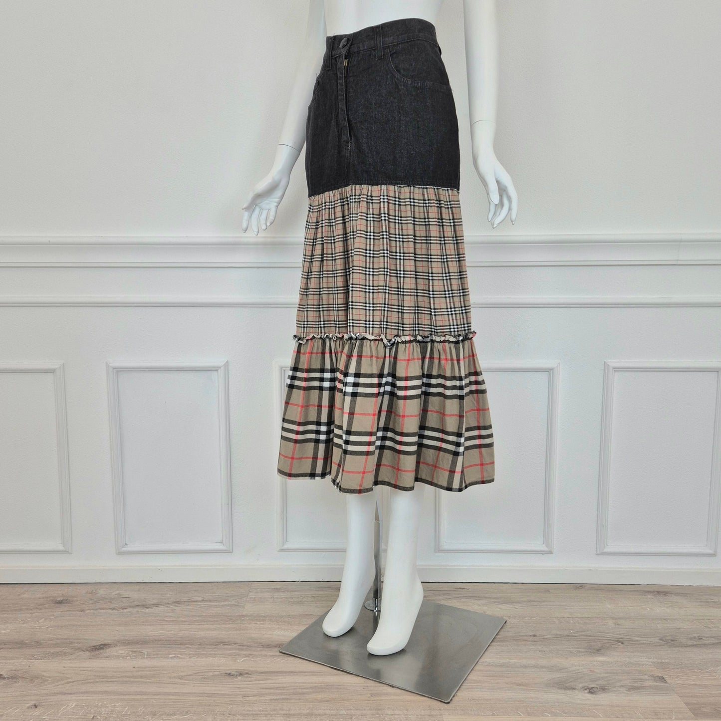 Moschino | Gonna lunga denim con doppia balza tartan