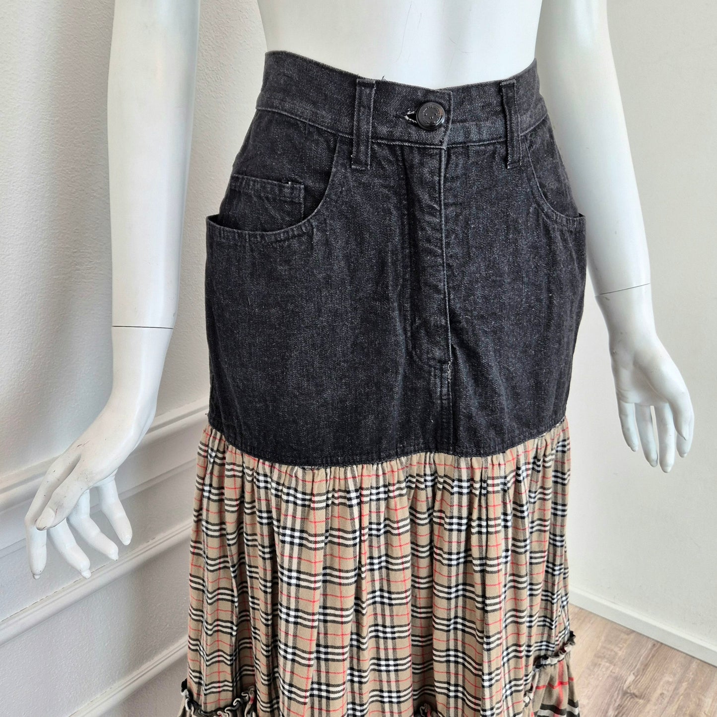 Moschino | Gonna lunga denim con doppia balza tartan