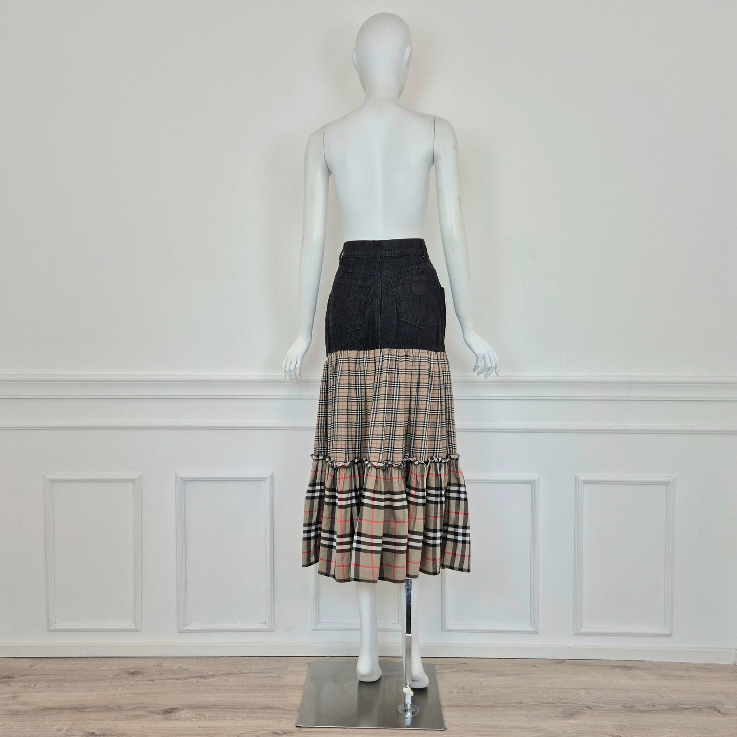 Moschino | Gonna lunga denim con doppia balza tartan