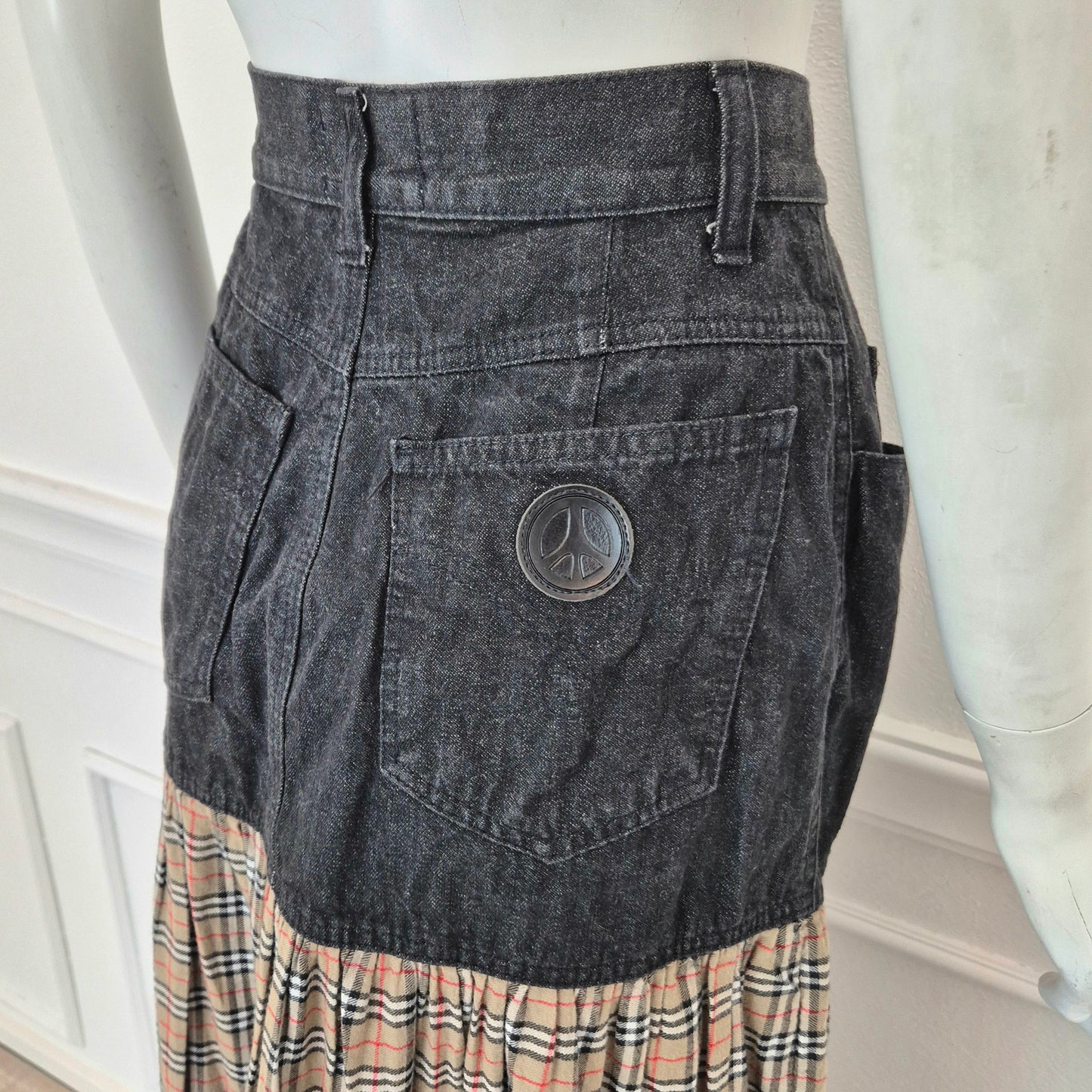 Moschino | Gonna lunga denim con doppia balza tartan