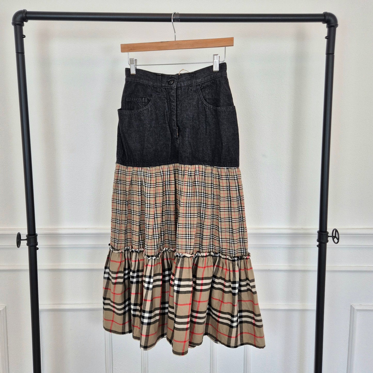 Moschino | Gonna lunga denim con doppia balza tartan