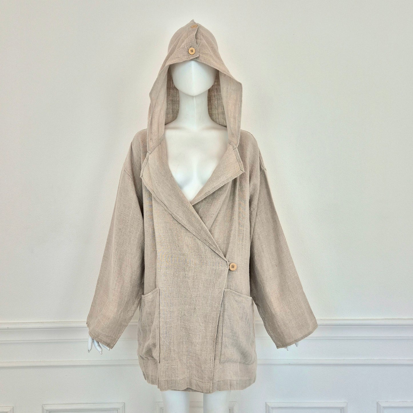 Ko and Co | Giacca ampia in lino beige con cappuccio
