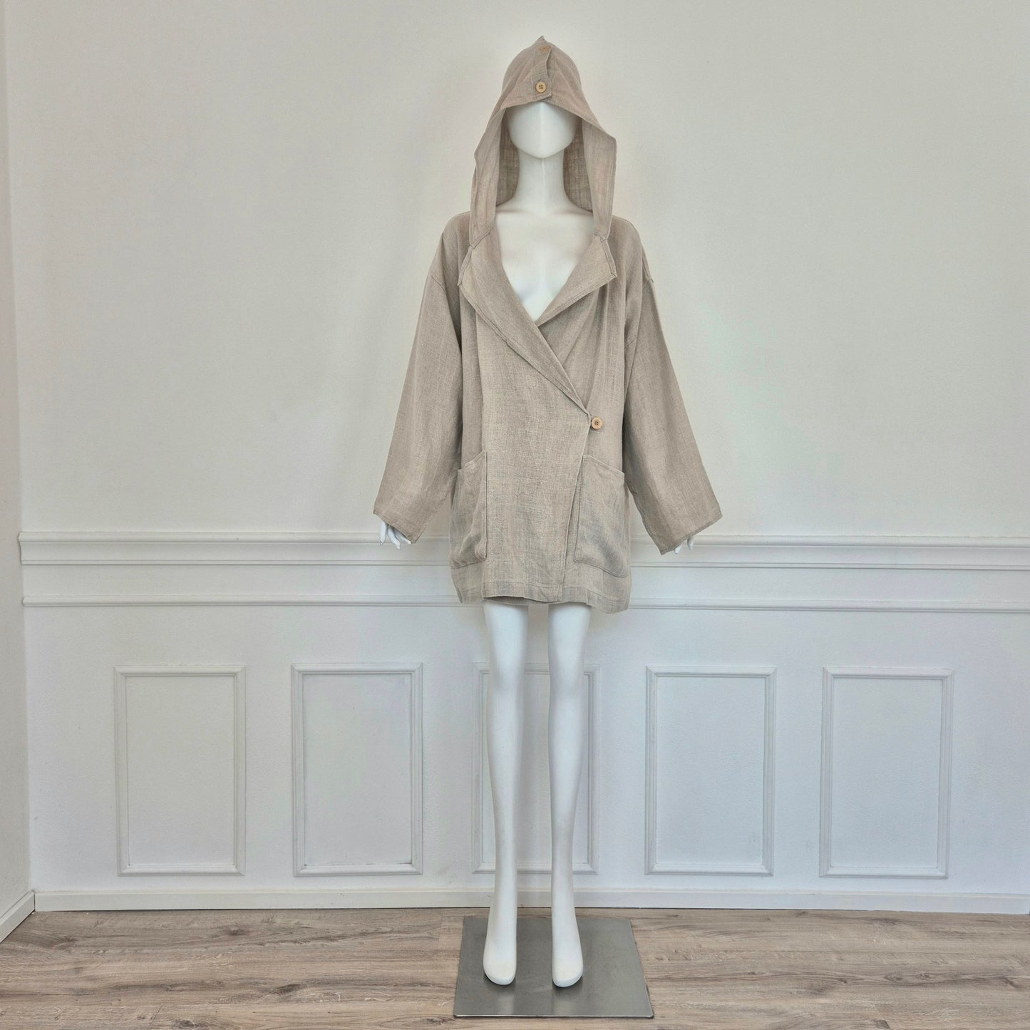 Ko and Co | Giacca ampia in lino beige con cappuccio