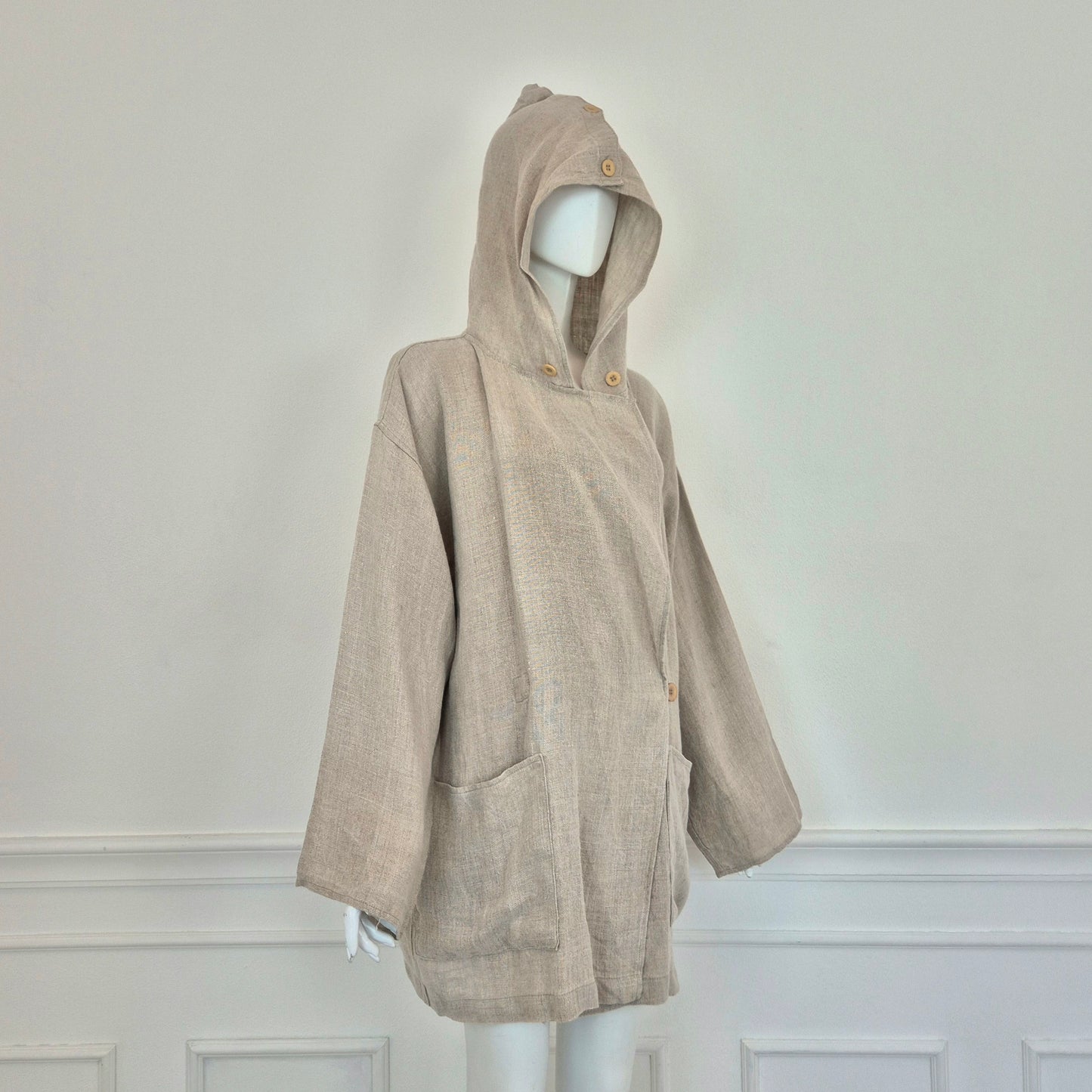 Ko and Co | Giacca ampia in lino beige con cappuccio