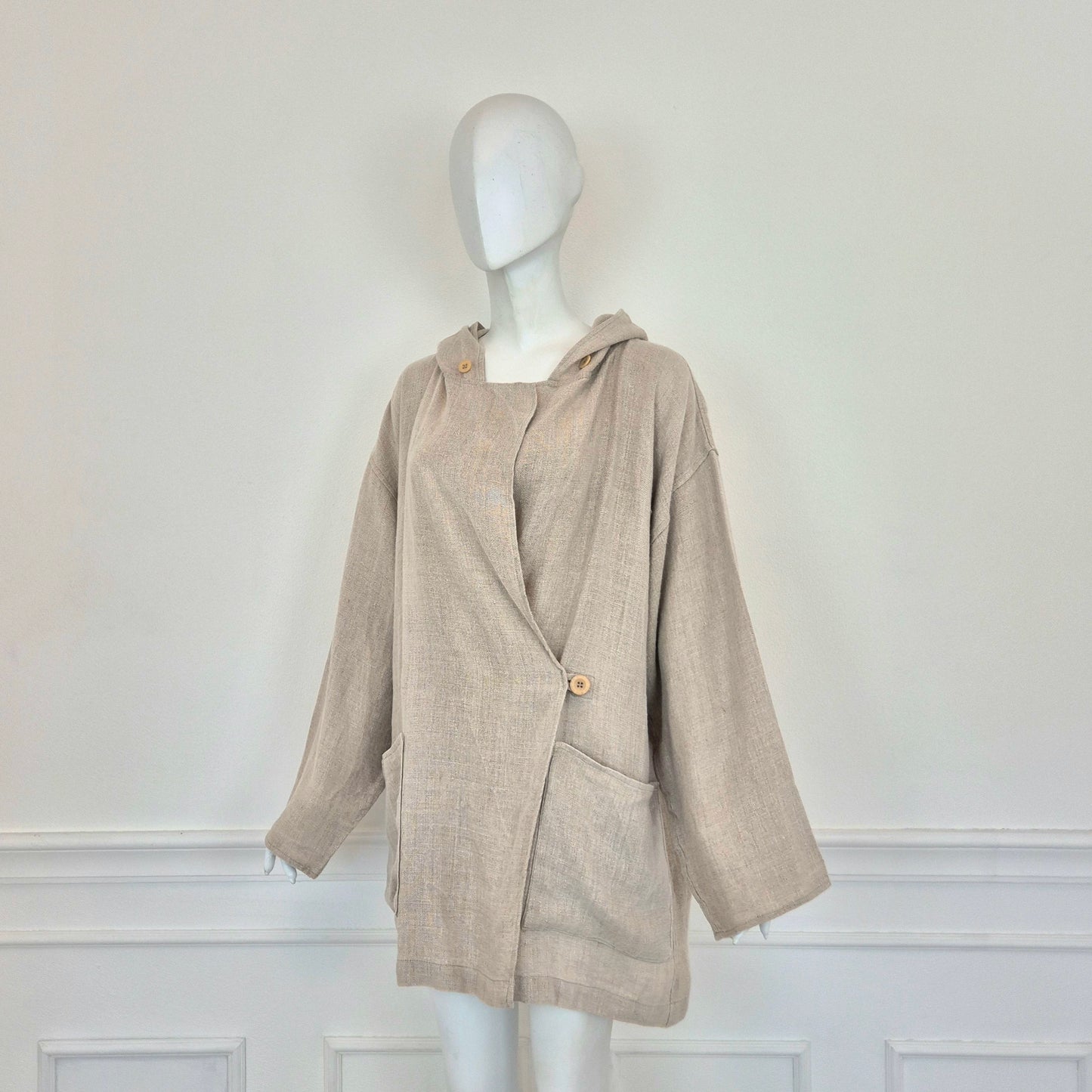 Ko and Co | Giacca ampia in lino beige con cappuccio