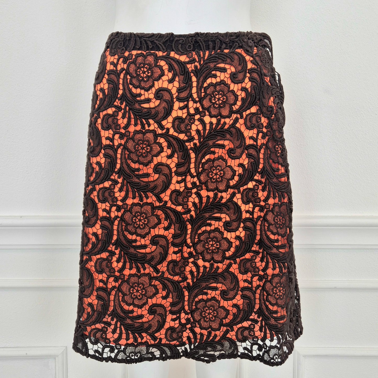 Prada | Gonna in pizzo marrone fodera arancio