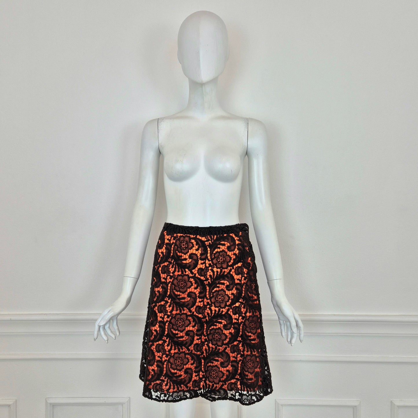 Prada | Gonna in pizzo marrone fodera arancio