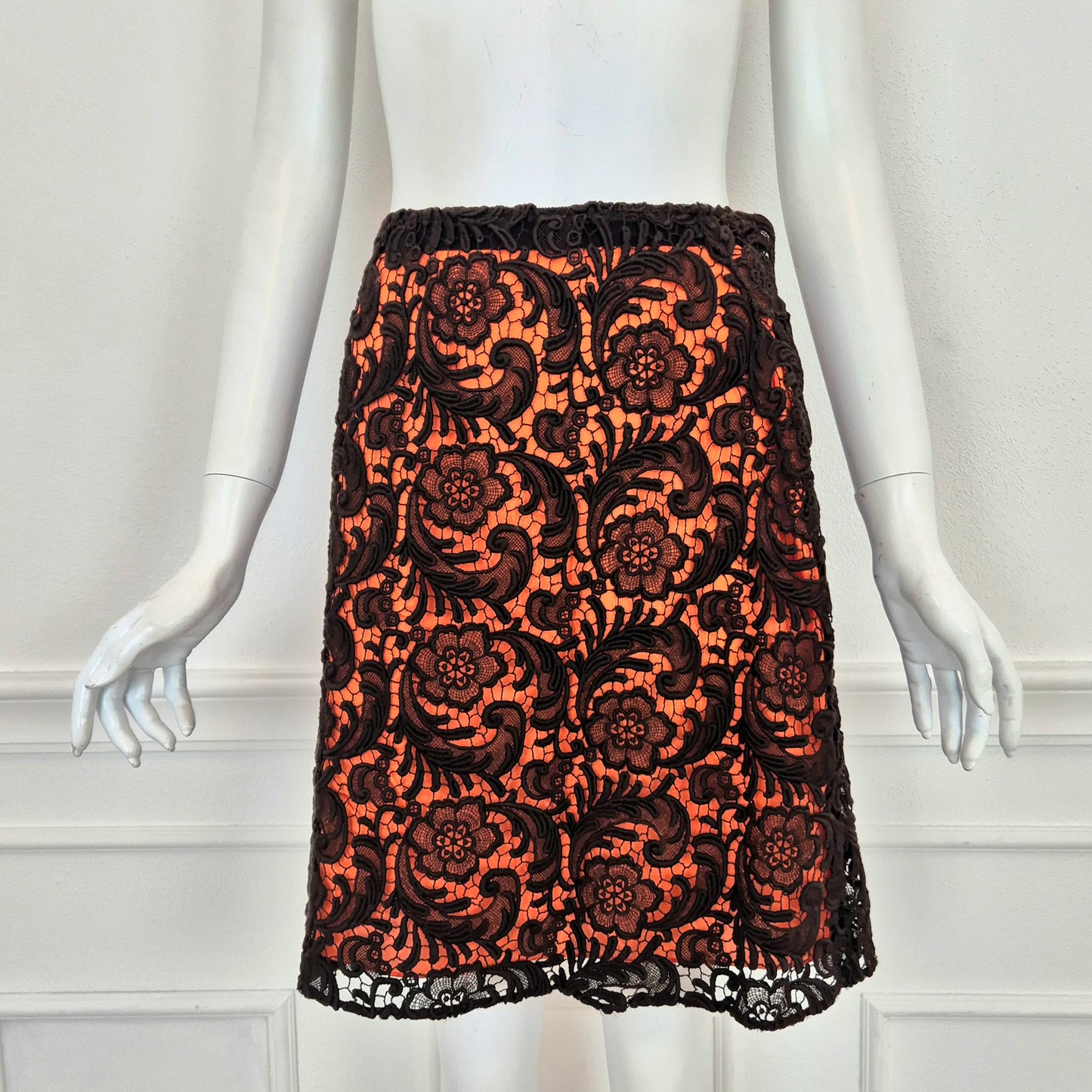 Prada | Gonna in pizzo marrone fodera arancio