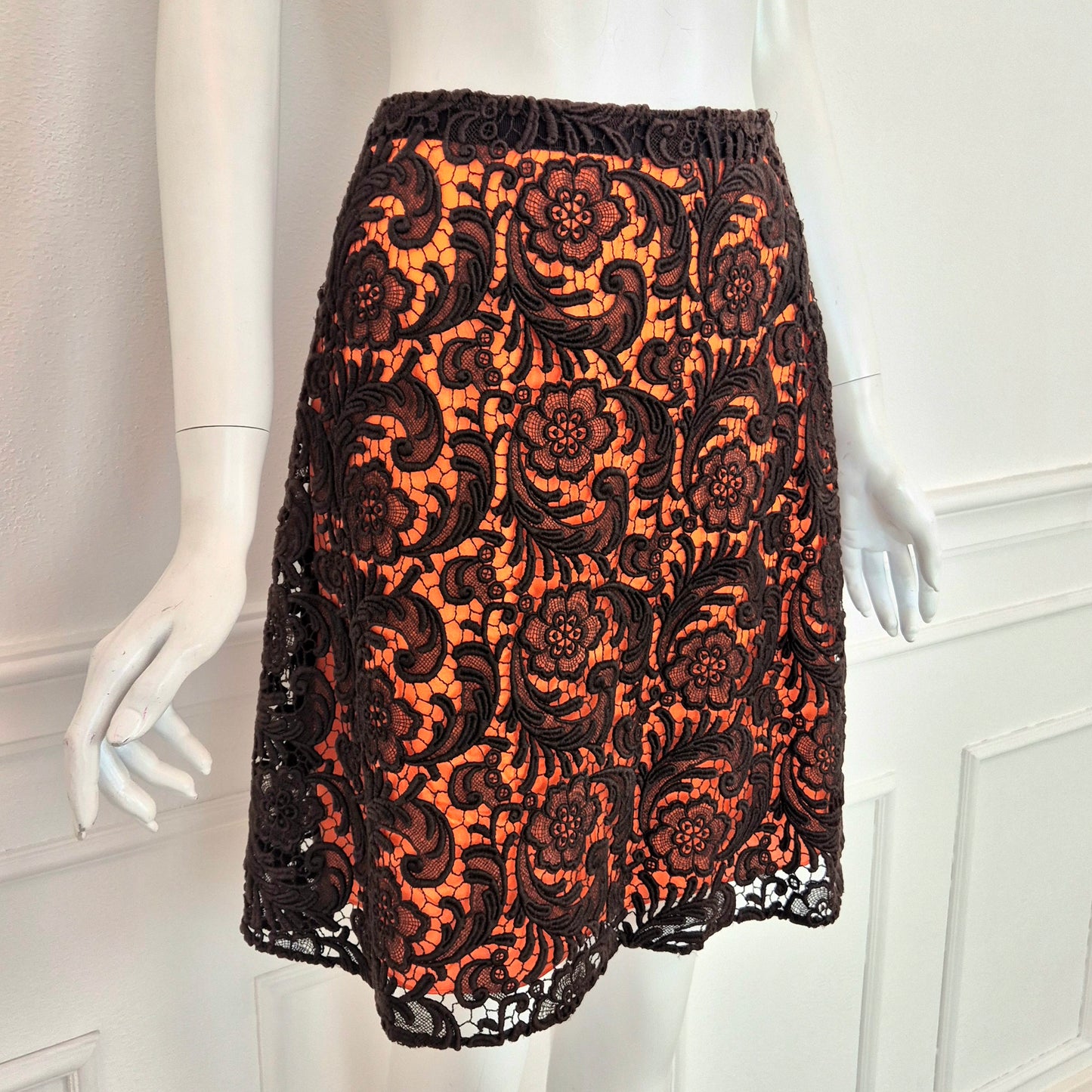 Prada | Gonna in pizzo marrone fodera arancio