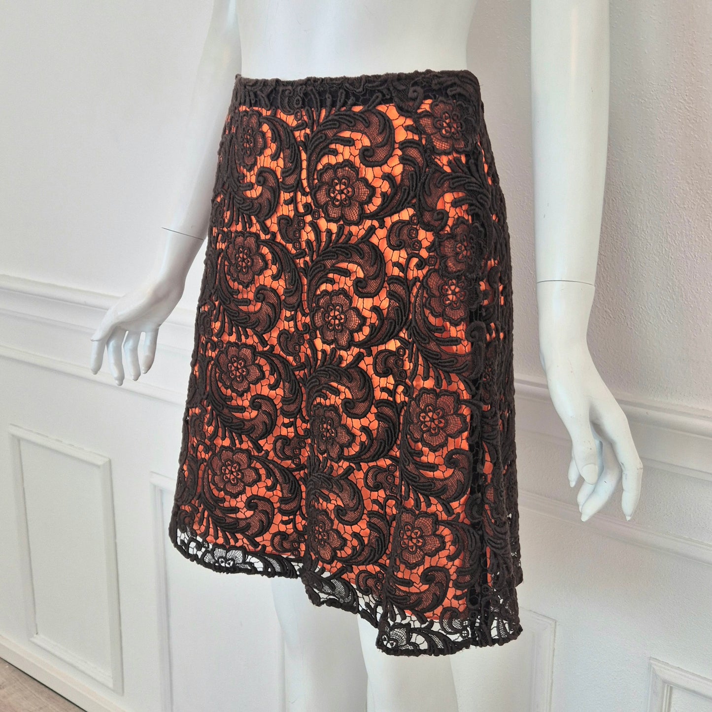 Prada | Gonna in pizzo marrone fodera arancio