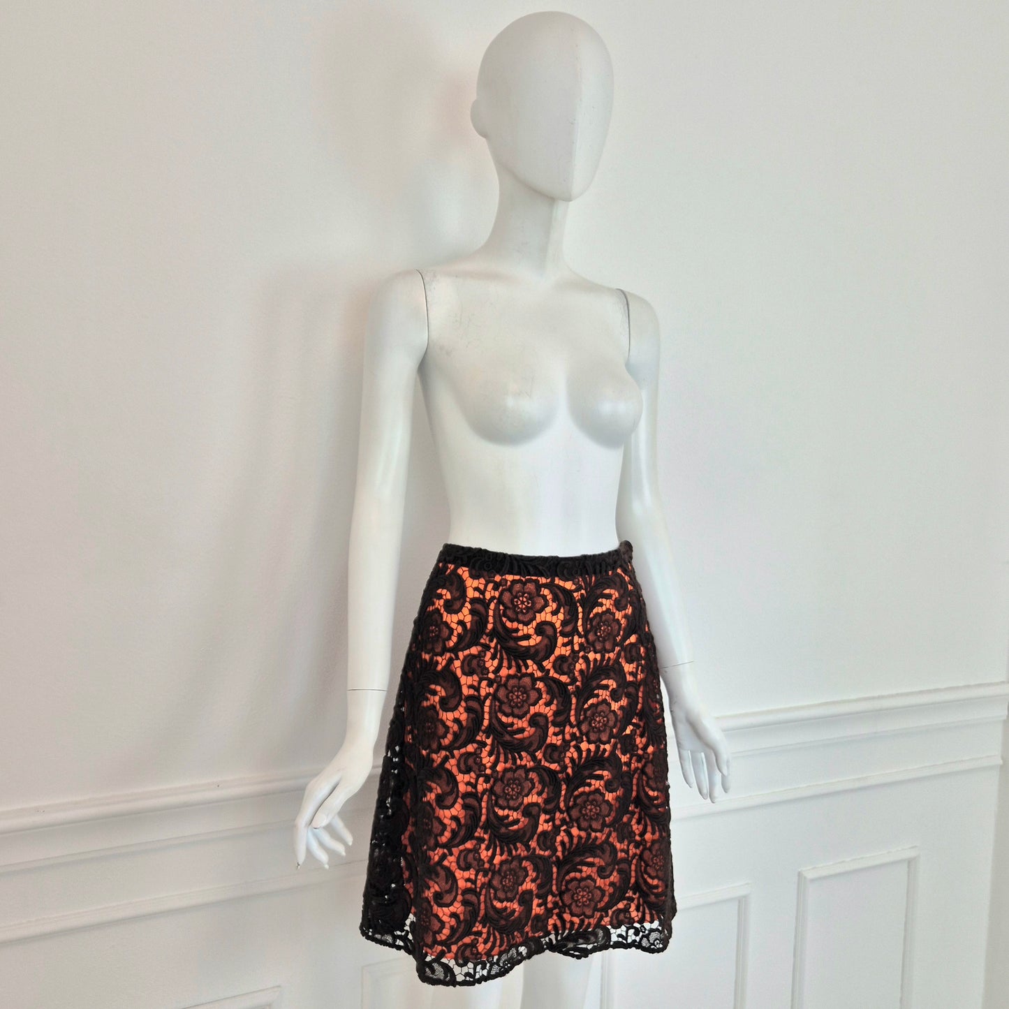 Prada | Gonna in pizzo marrone fodera arancio