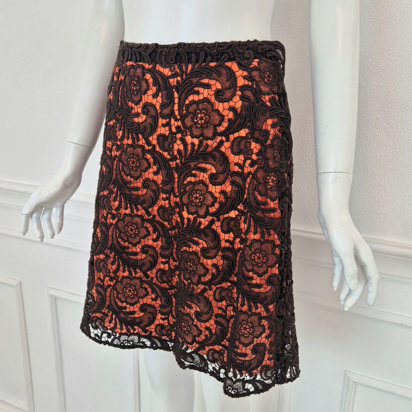Prada | Gonna in pizzo marrone fodera arancio