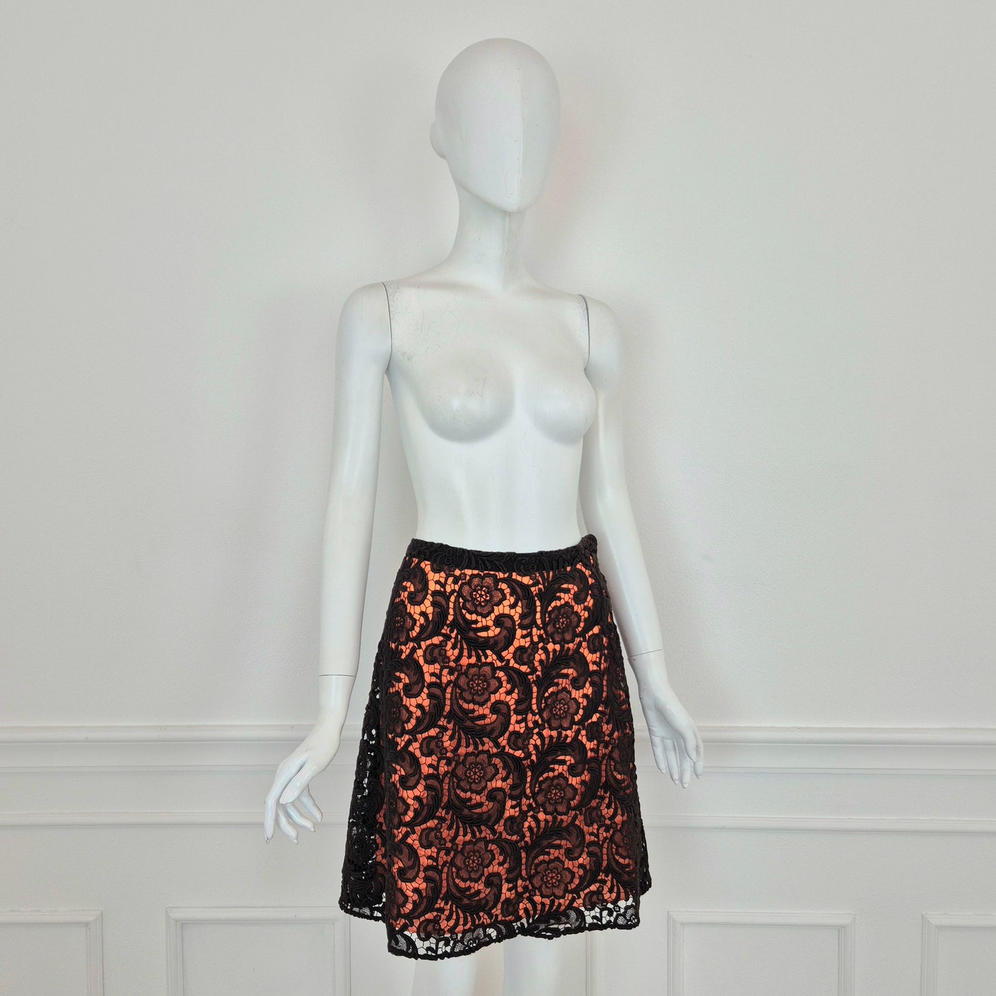 Prada | Gonna in pizzo marrone fodera arancio