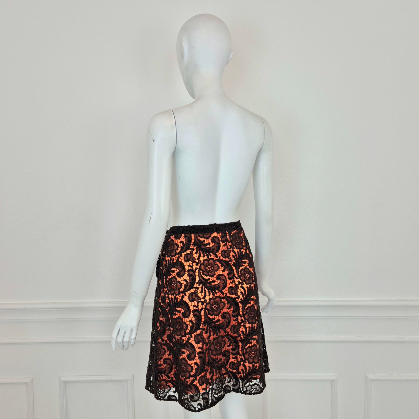 Prada | Gonna in pizzo marrone fodera arancio