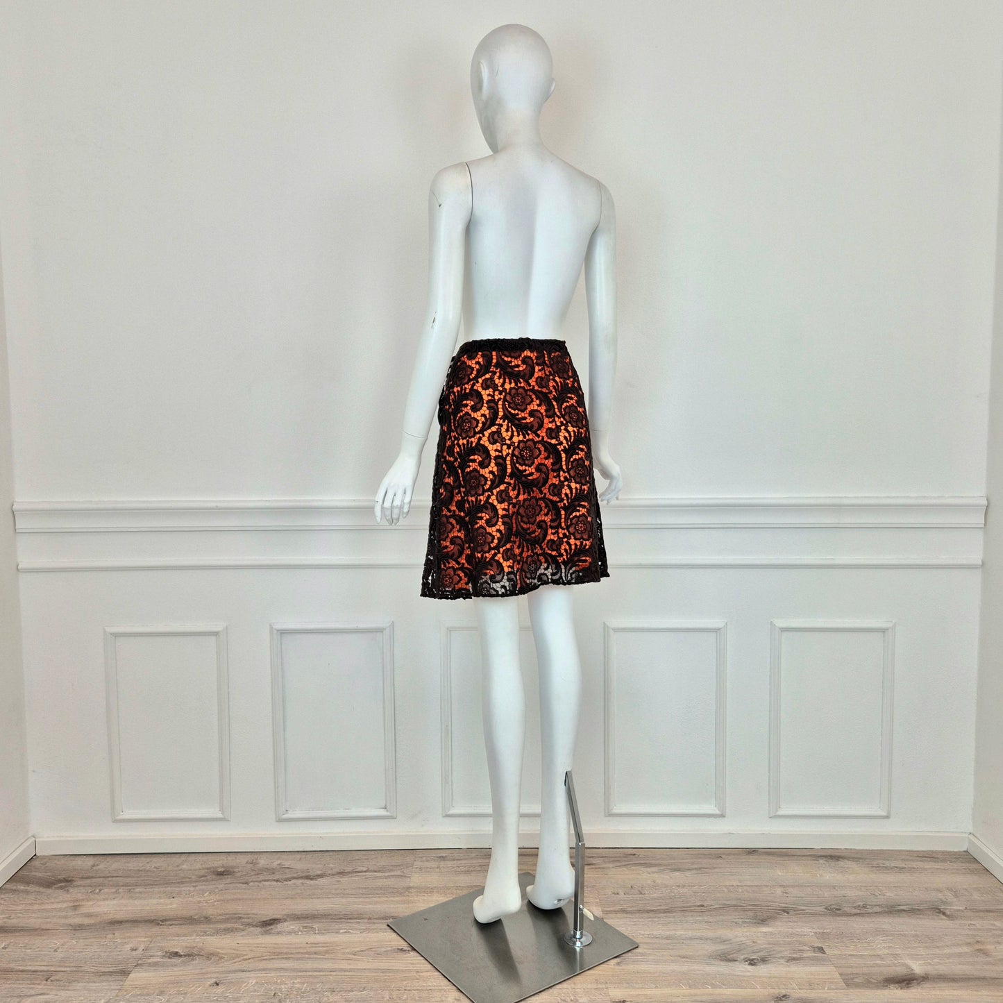 Prada | Gonna in pizzo marrone fodera arancio