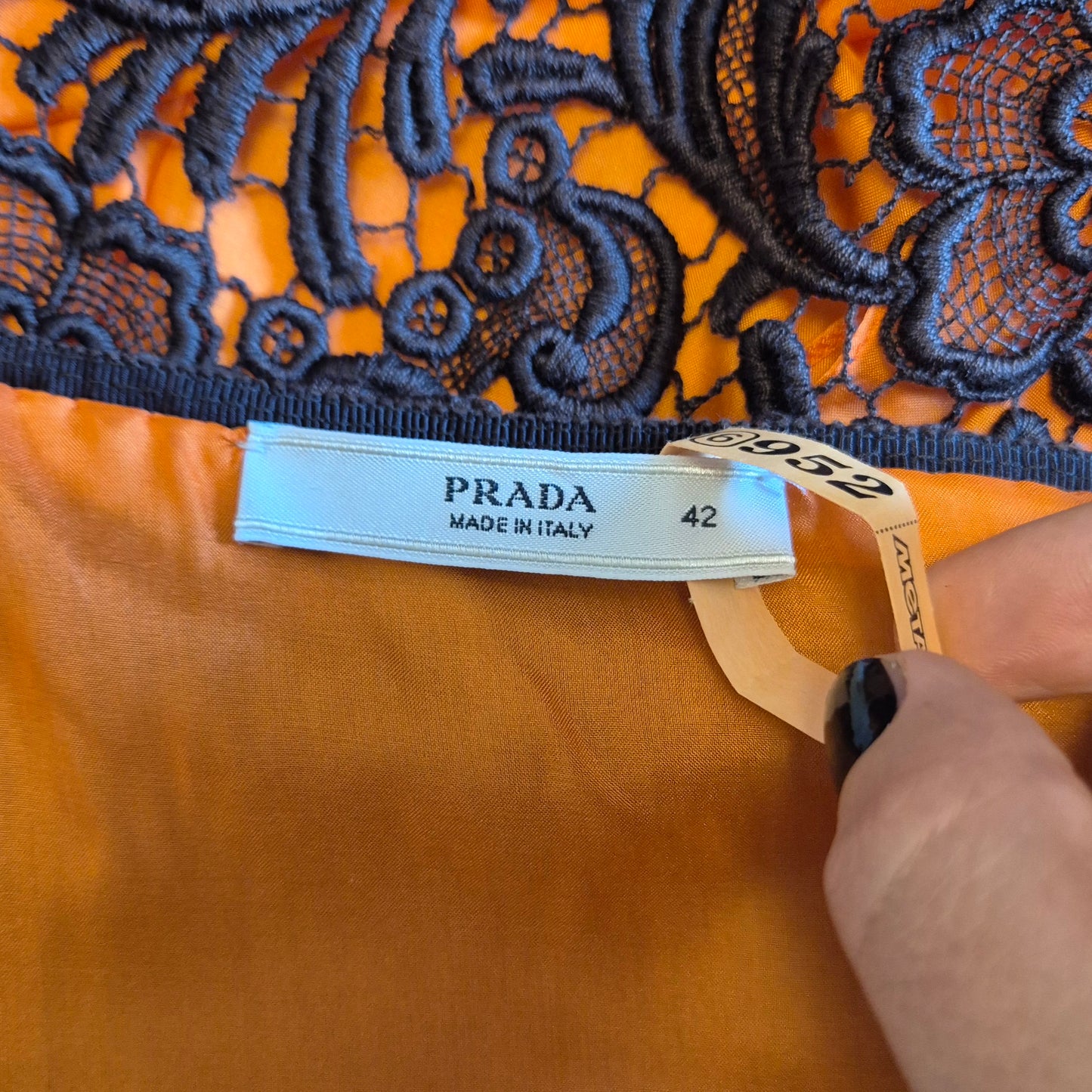 Prada | Gonna in pizzo marrone fodera arancio