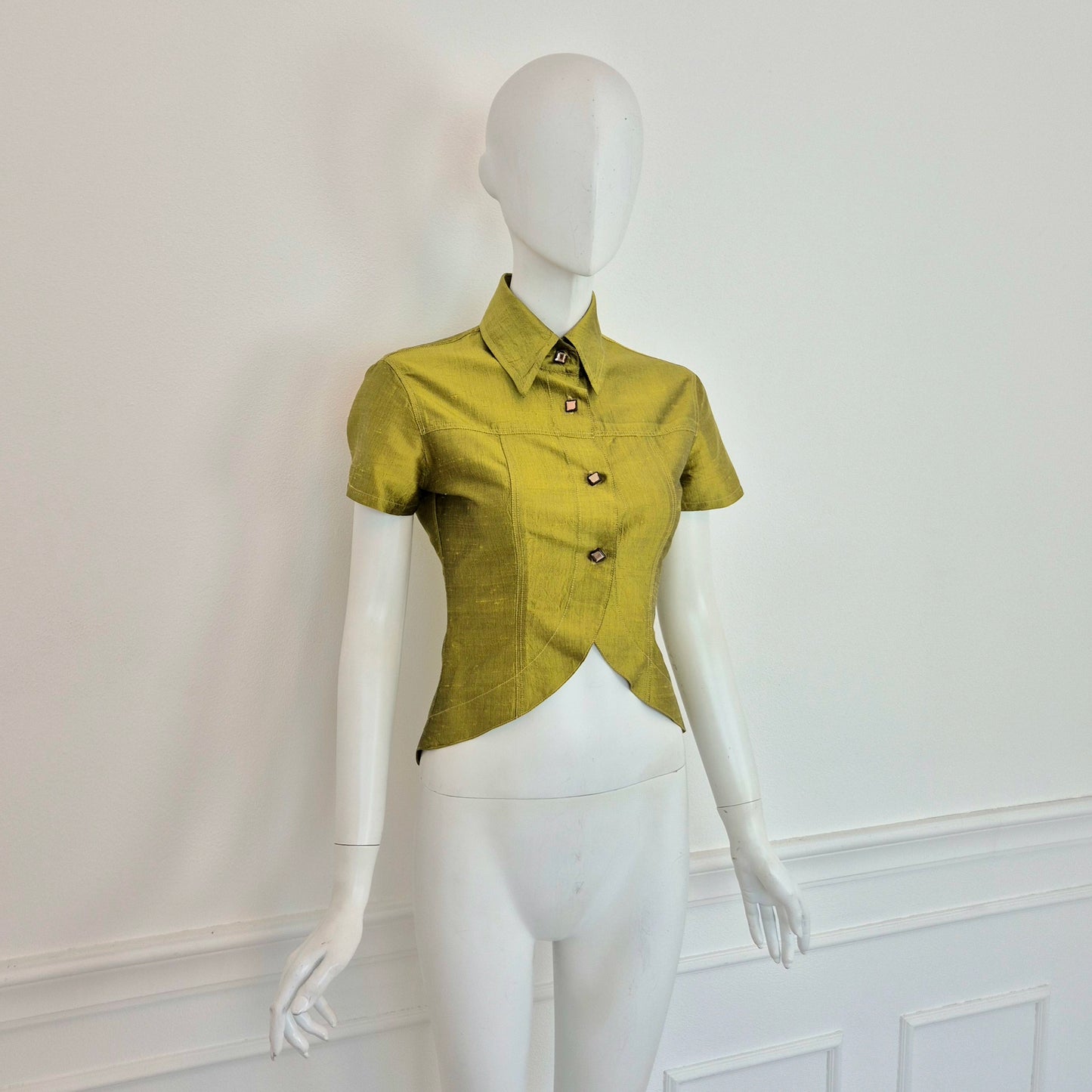Romeo Gigli | Camicia maniche corte in seta grezza verde mela