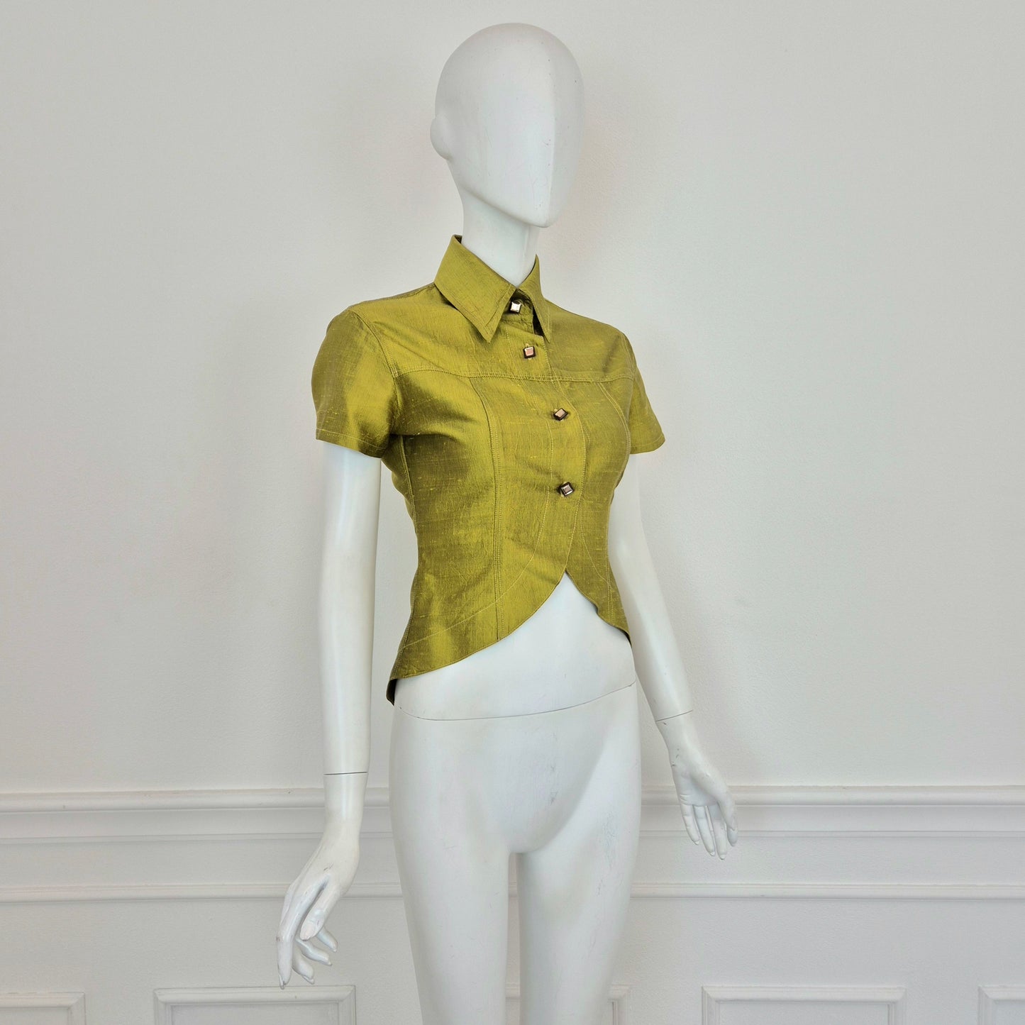 Romeo Gigli | Camicia maniche corte in seta grezza verde mela