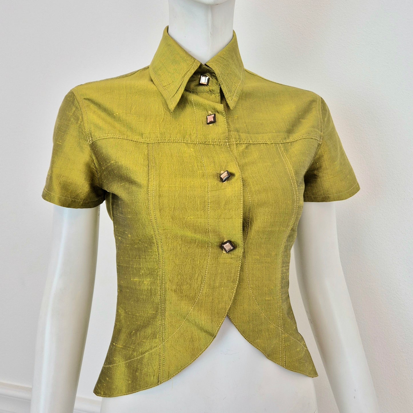 Romeo Gigli | Camicia maniche corte in seta grezza verde mela