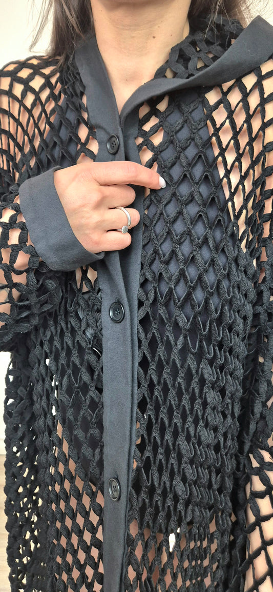 Romeo Gigli | Cardigan con cappuccio rete nera