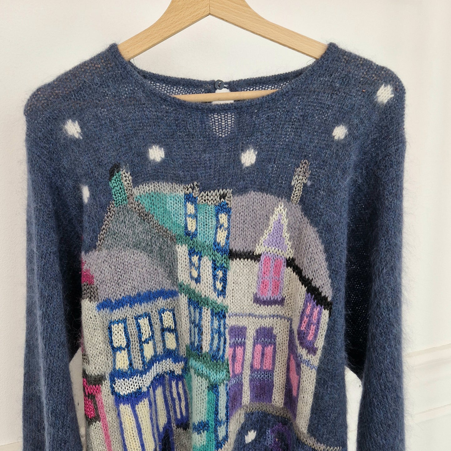 Maglione super kid mohair blu paesaggio invernale