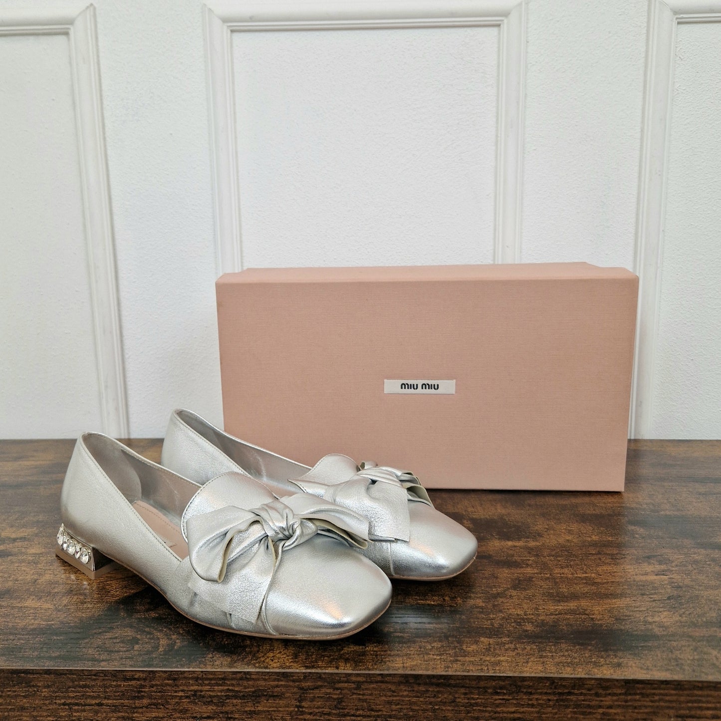 Mocassini Miu Miu argento tacco gioiello
