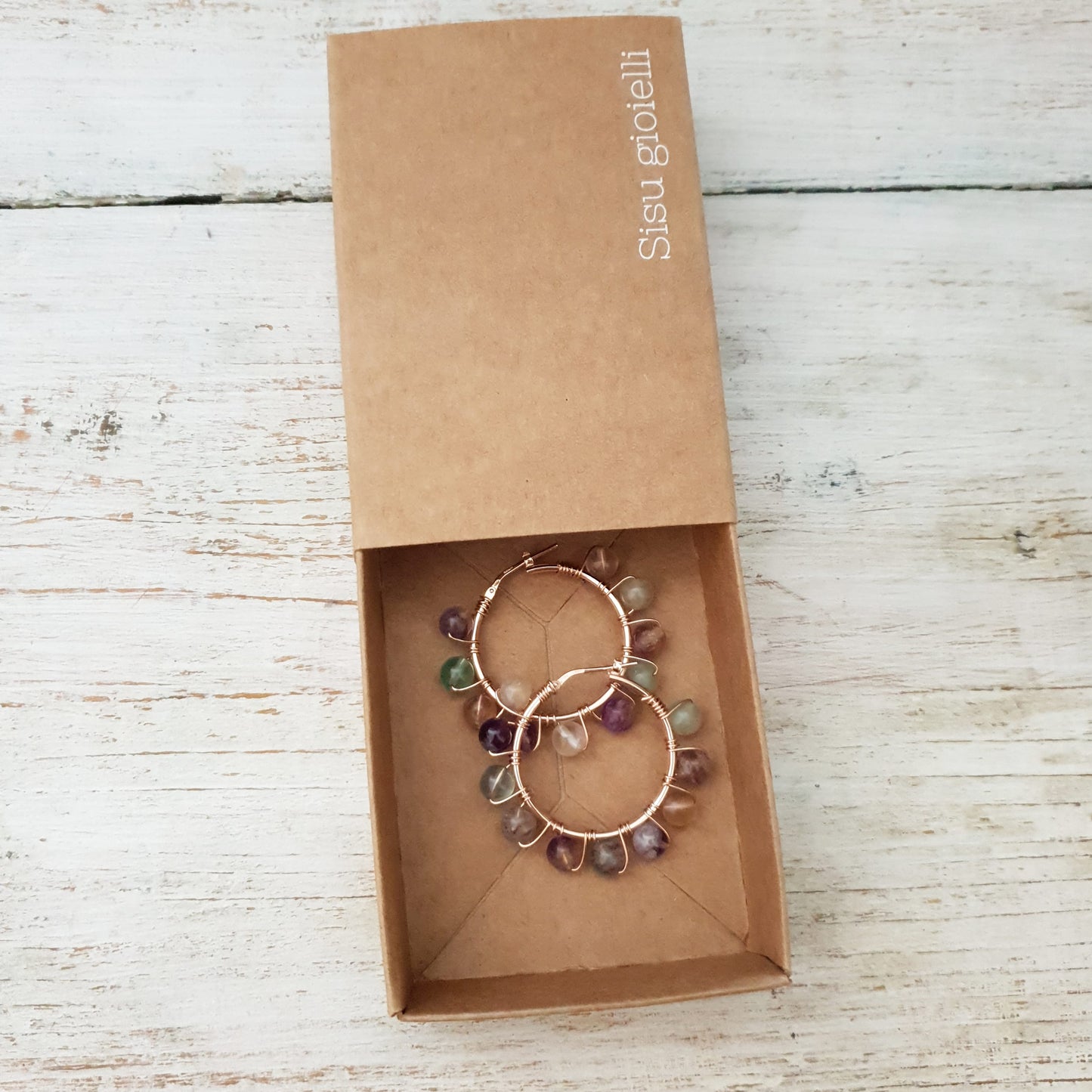 STEFANY Hoops argento 925 oro rosa e fluorite - 28 mm