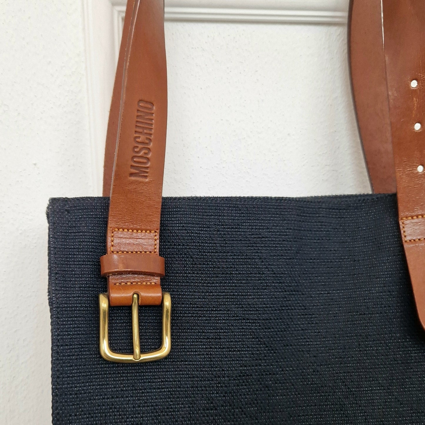 Moschino | Borsa in tela con manici cintura in pelle