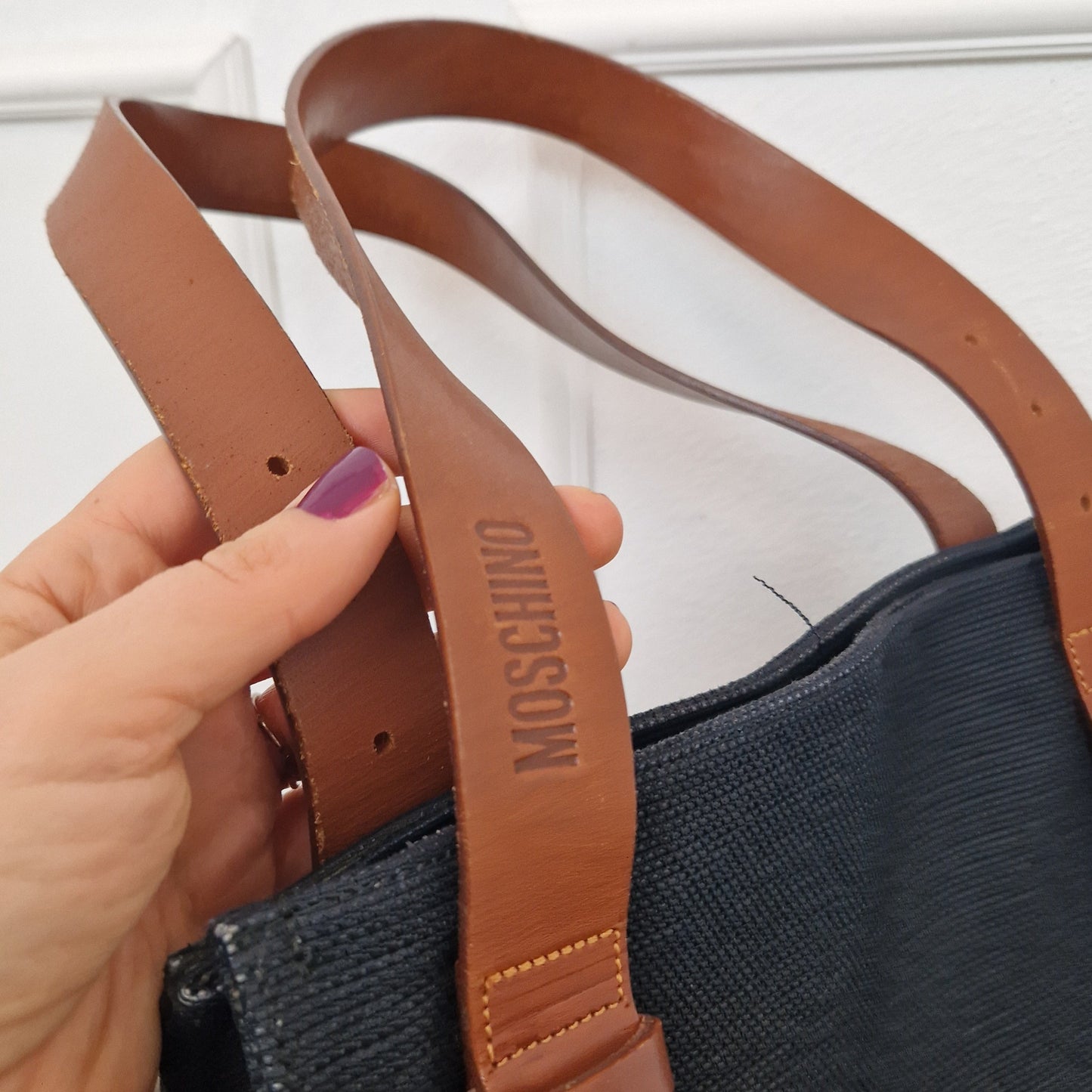 Moschino | Borsa in tela con manici cintura in pelle