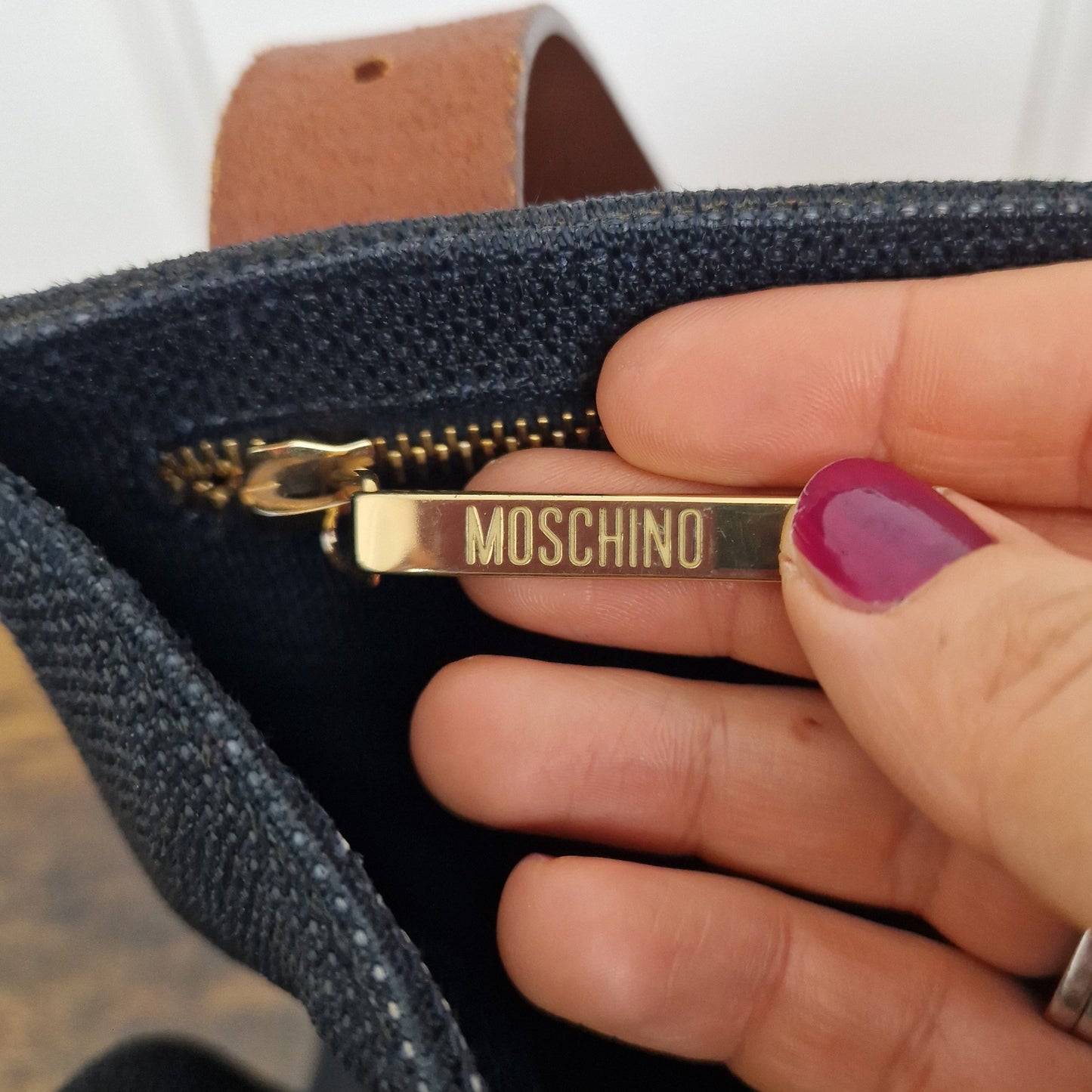 Moschino | Borsa in tela con manici cintura in pelle