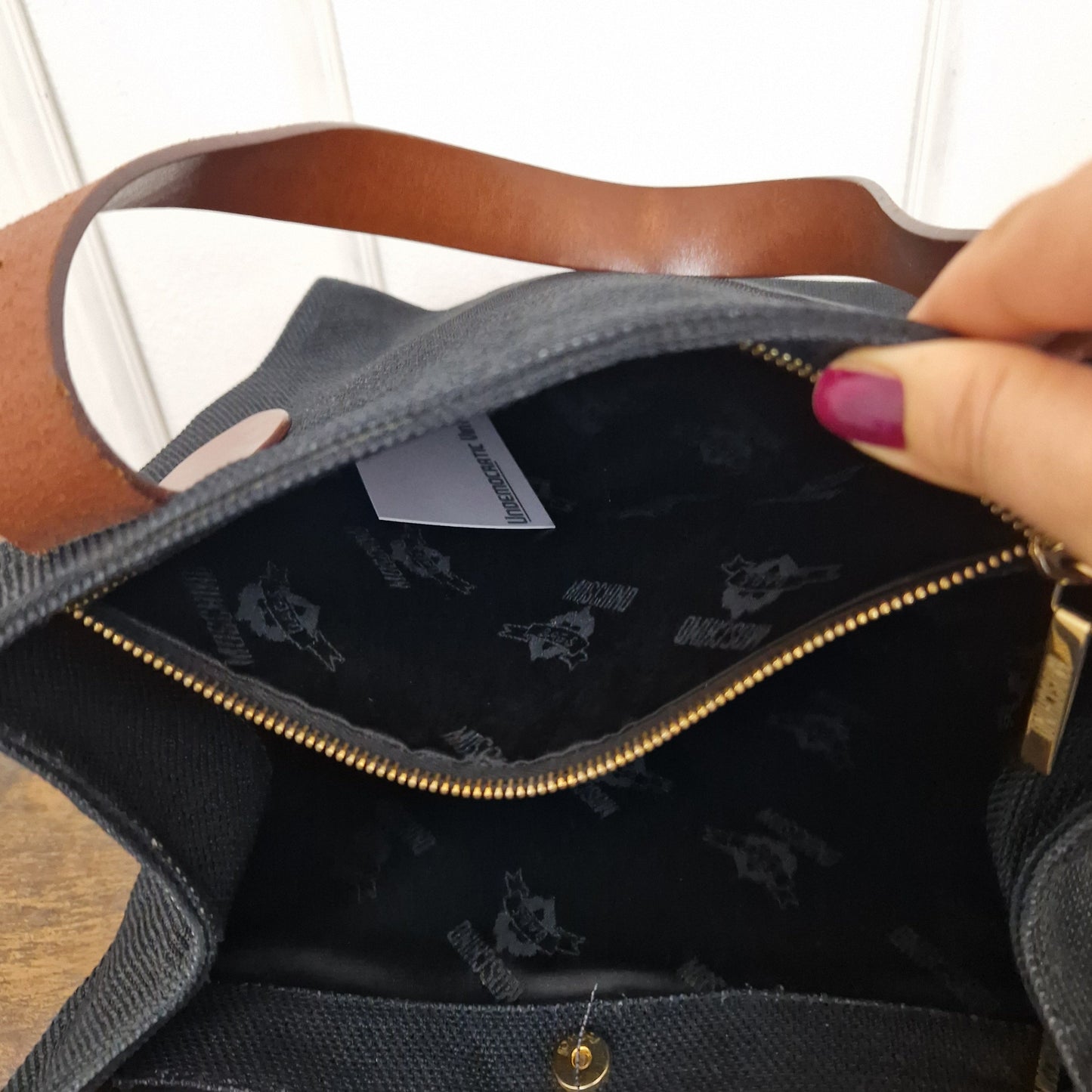 Moschino | Borsa in tela con manici cintura in pelle