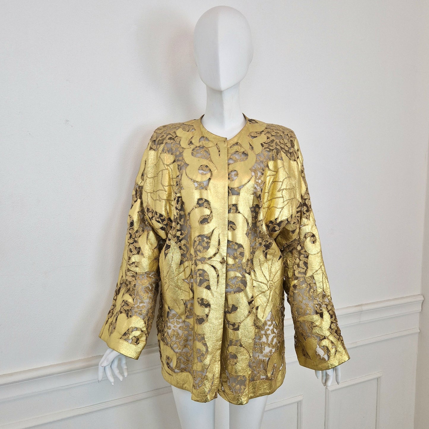 Giacca vintage pelle e pizzo oro