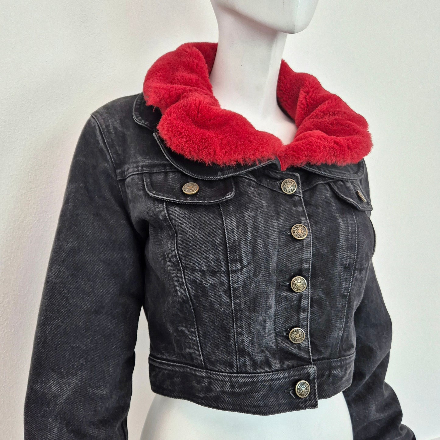 Moschino | Giacca in denim con interno in pelo rosso