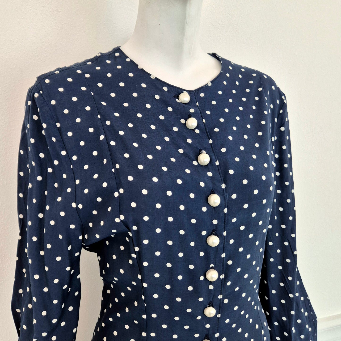 Abito vintage viscosa blu pois bianchi