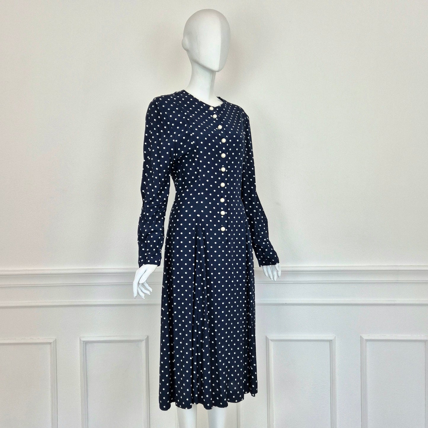 Abito vintage viscosa blu pois bianchi