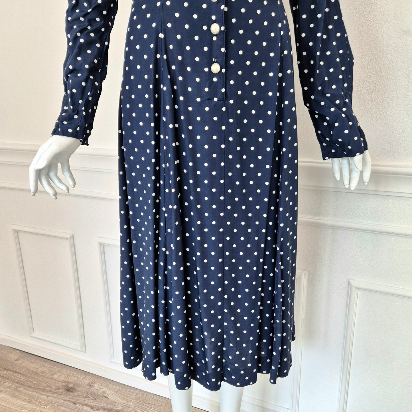 Abito vintage viscosa blu pois bianchi