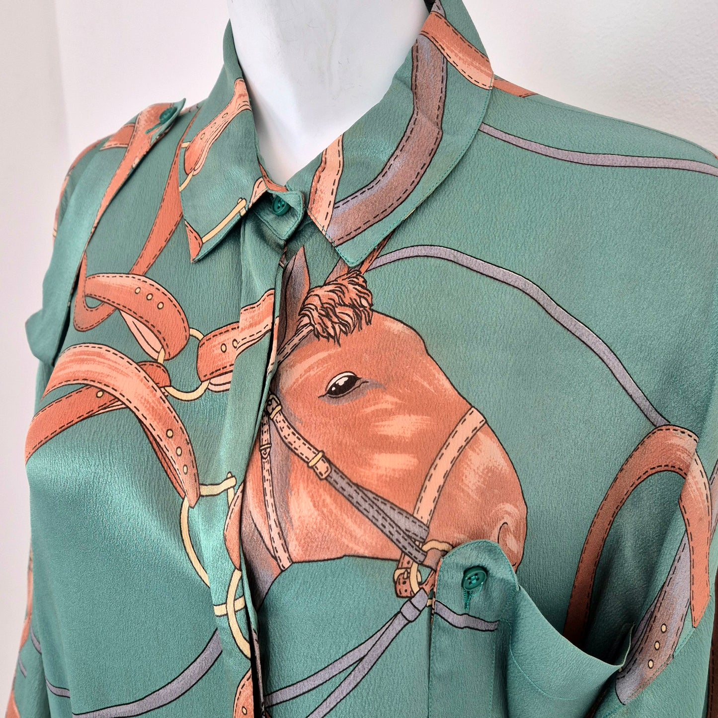 Camicia vintage misto seta stampa equestre