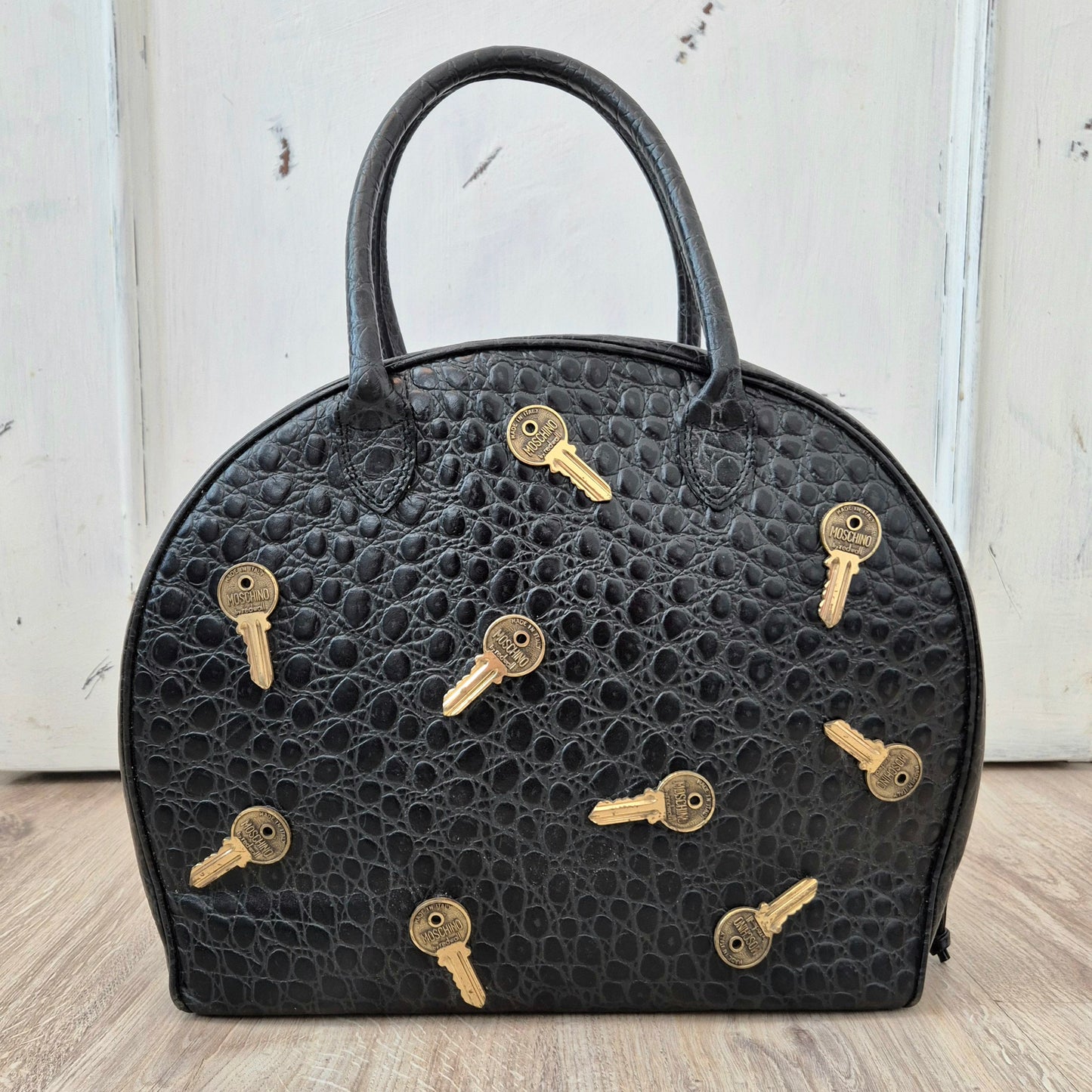 Moschino | Borsa vintage pelle stampa cocco con chiavi applicate