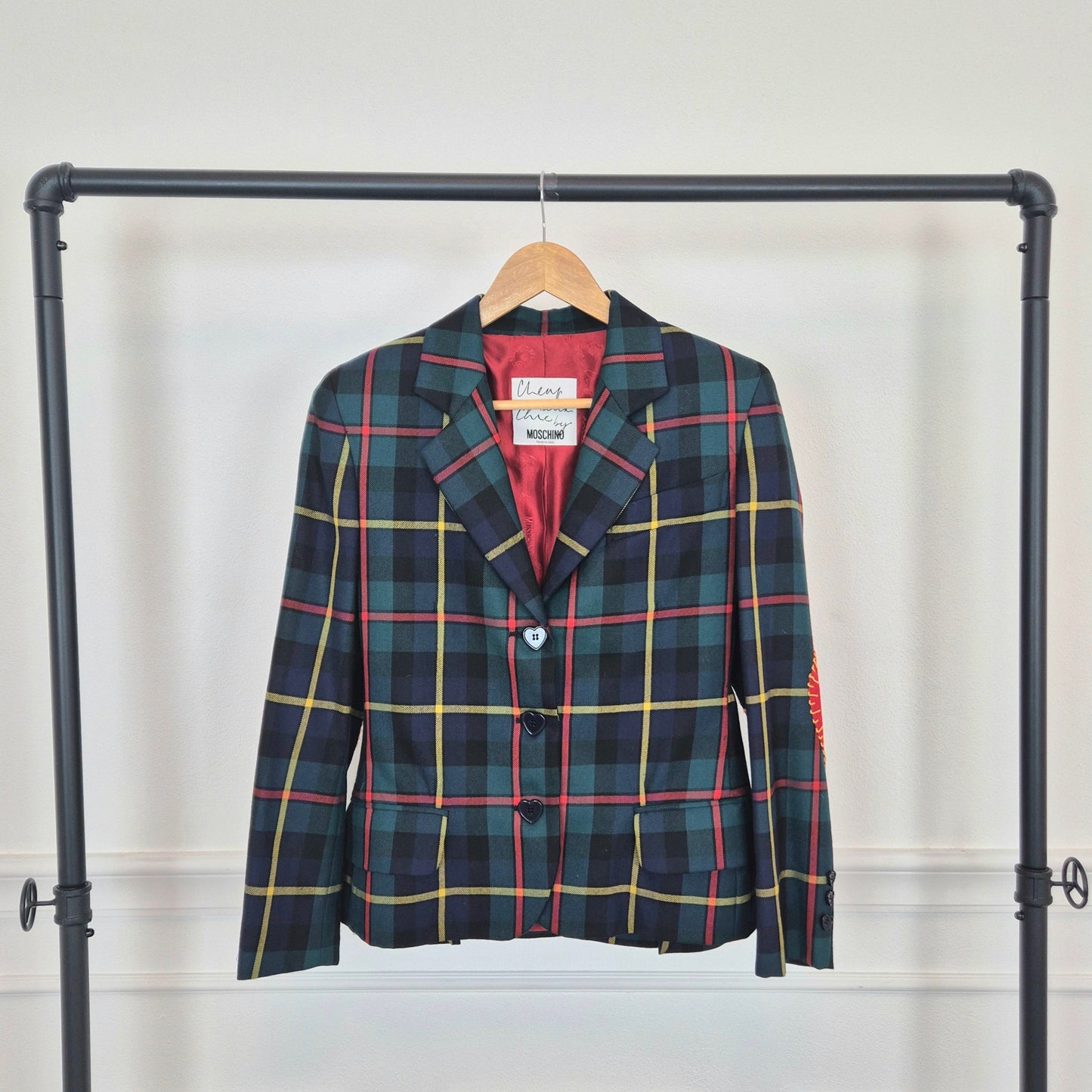 Moschino | Blazer tartan con toppe cuore